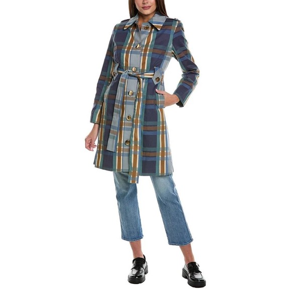CAbi Jackets & Blazers - CAbi Women's Multi Plaid Printed Highclere Trench Gold Button Front Size Medium